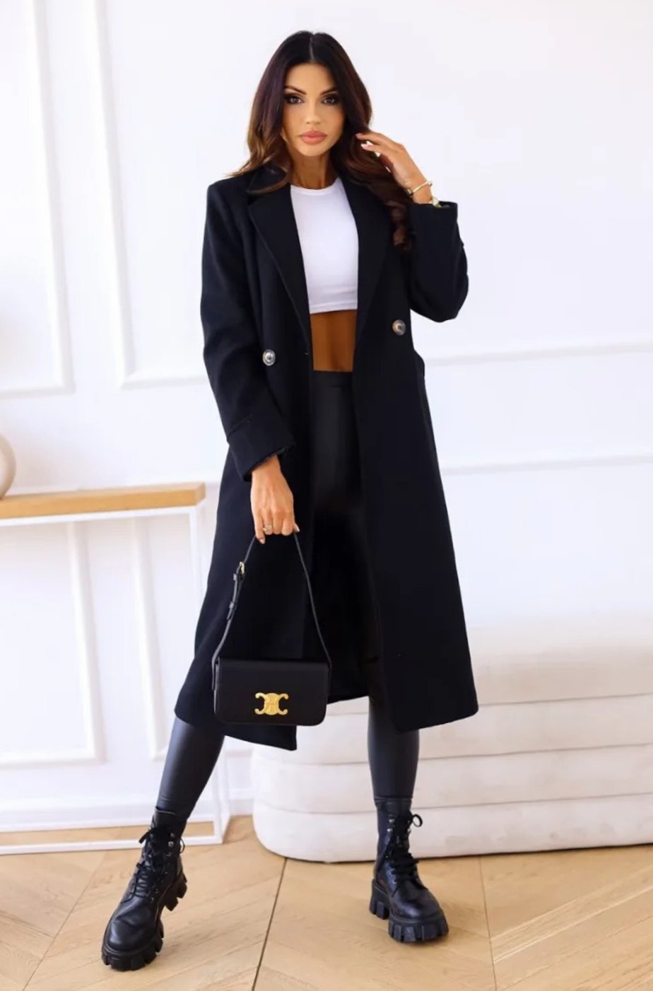 Women's Classic Long Lapel-Collar Belted Trench Coat - Black