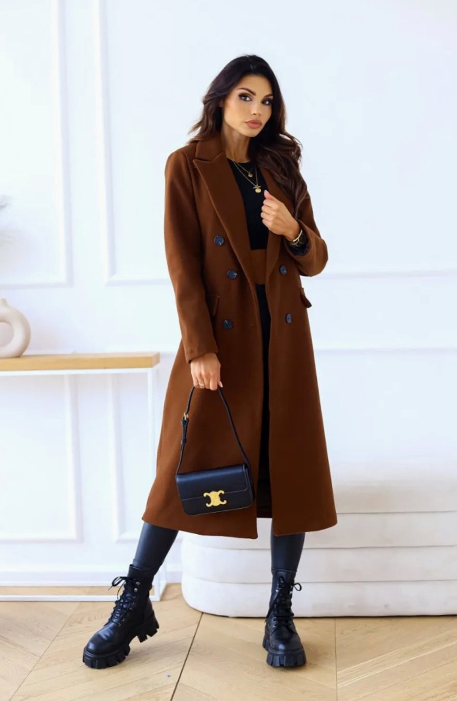 Women's Classic Long Lapel-Collar Belted Trench Coat - Brown