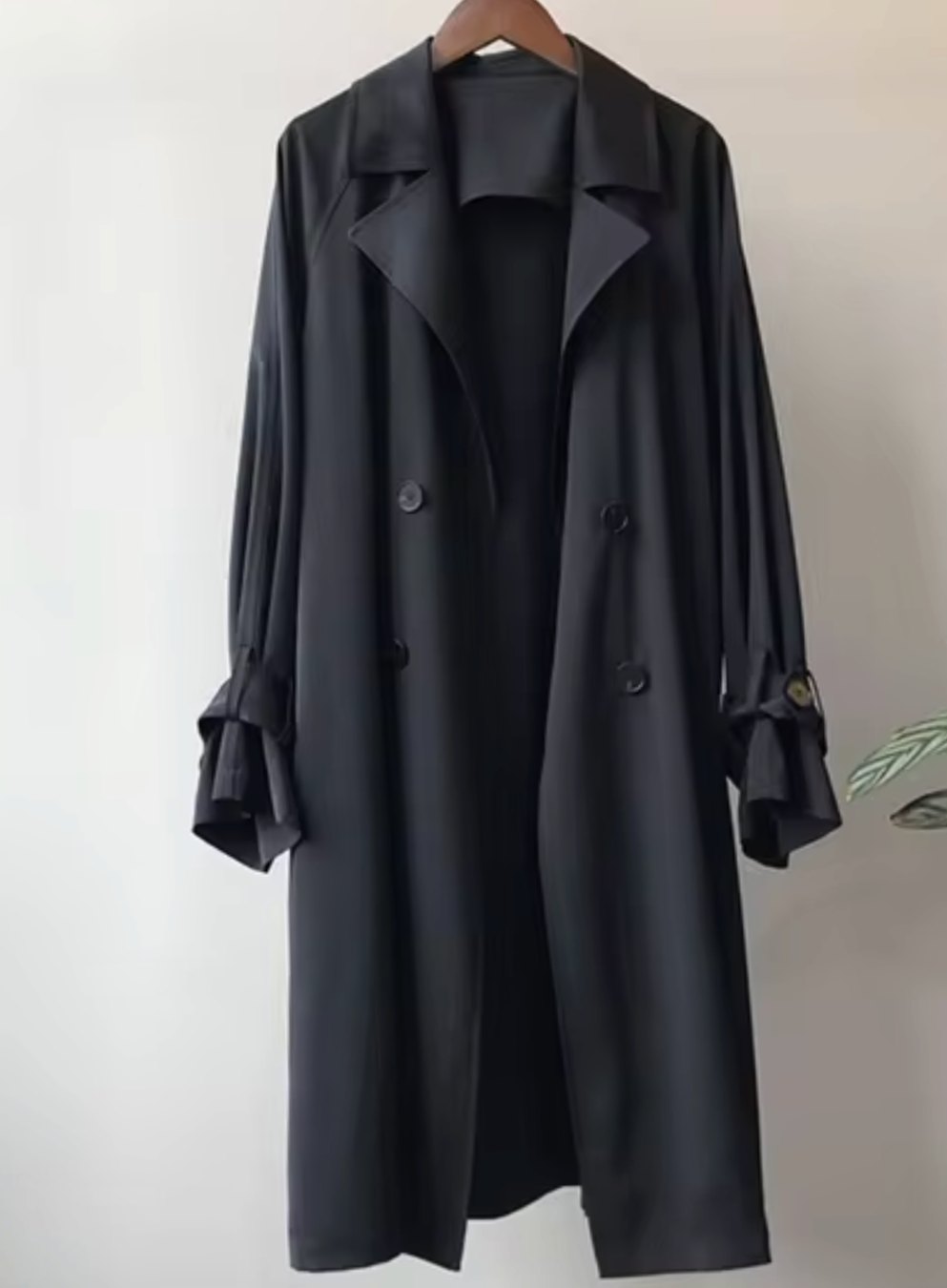 Women's Classic Longline Belted Trench Coat Revere Collar - Black