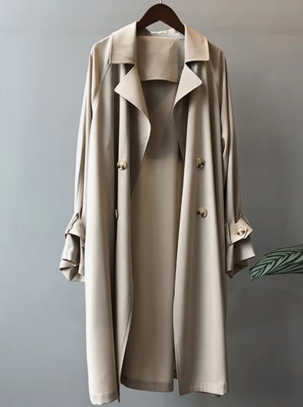Women's Classic Longline Belted Trench Coat Revere Collar - Apricot