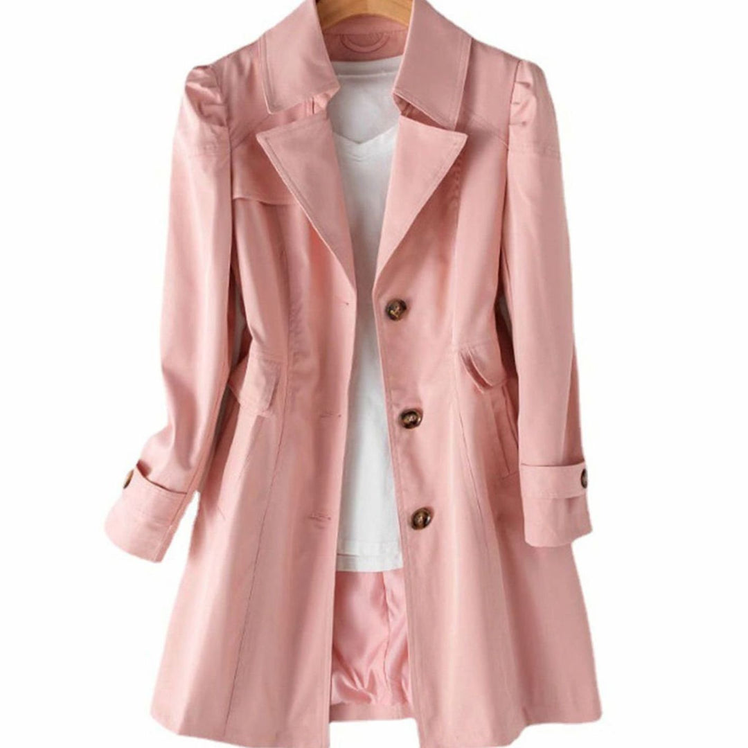 Women's Classic Single-Breasted Longline Trench Coat, Black - Pink
