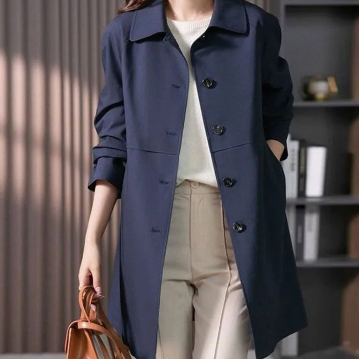 Women's Classic Single-Breasted Longline Trench Coat, Navy Blue