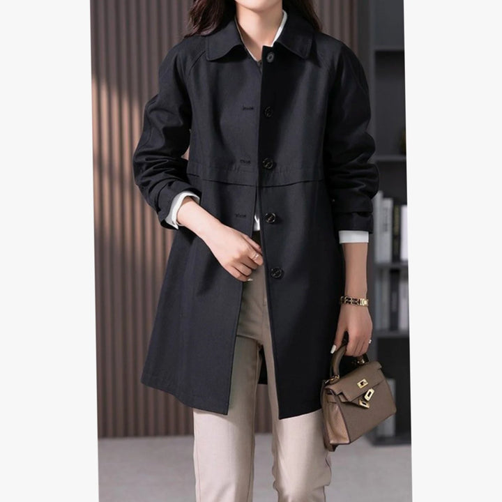 Women's Classic Single-Breasted Longline Trench Coat, Navy Blue - Black