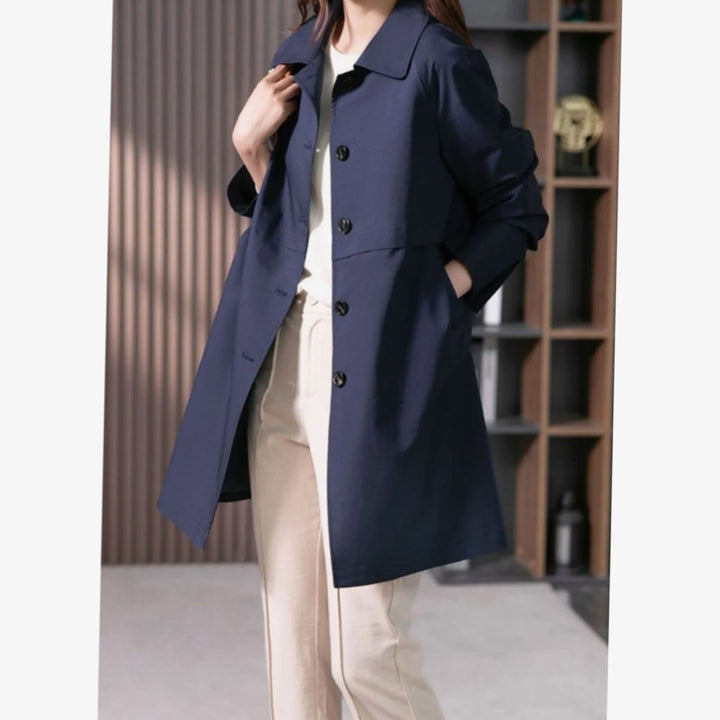 Women's Classic Single-Breasted Longline Trench Coat, Navy Blue - Navy Blue