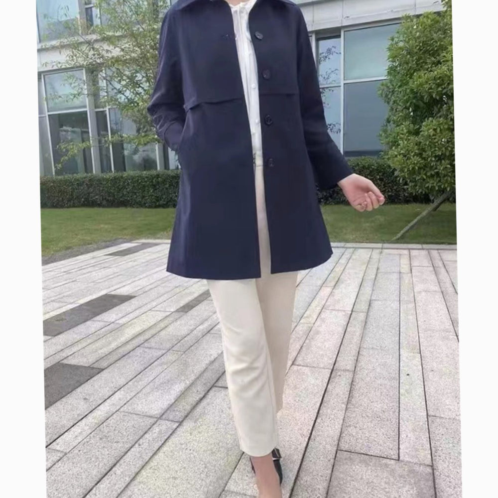 Women's Classic Single-Breasted Longline Trench Coat, Navy Blue