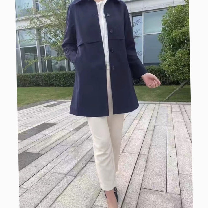 Women's Classic Single-Breasted Longline Trench Coat, Navy Blue