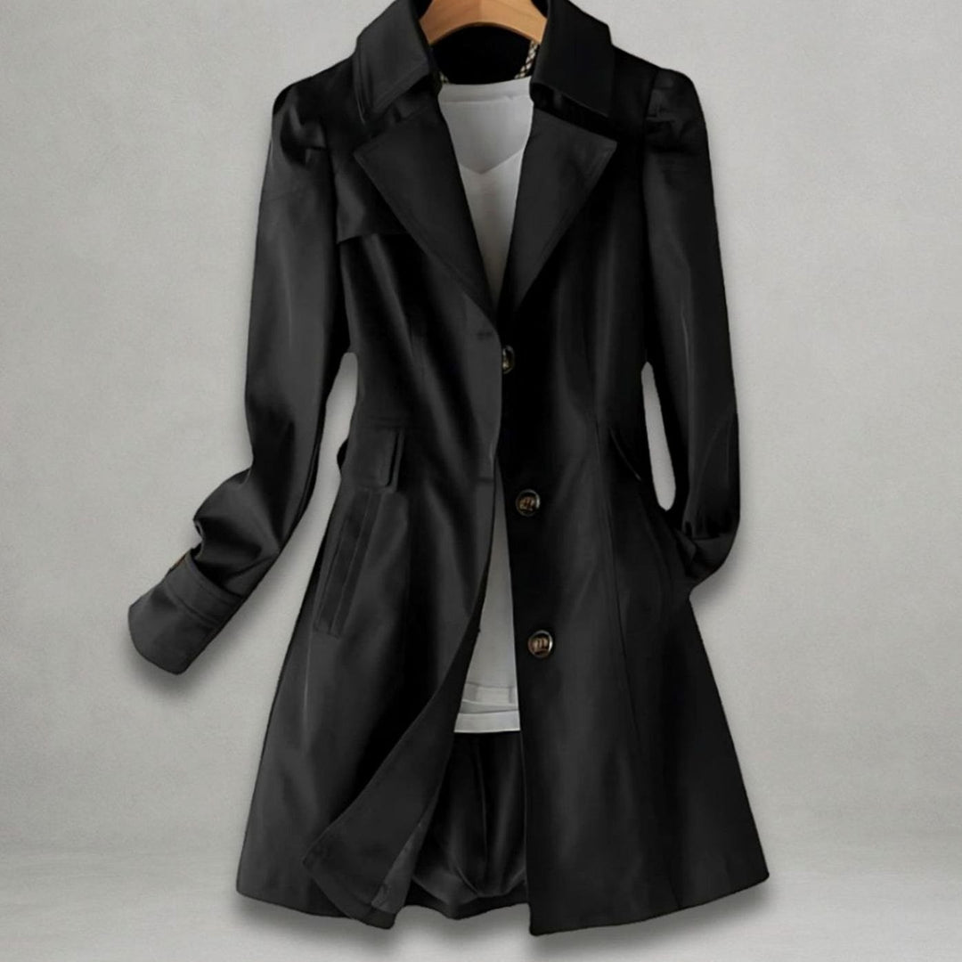 Women's Classic Single-Breasted Notch Lapel Mid-Length Trench Coat - Black