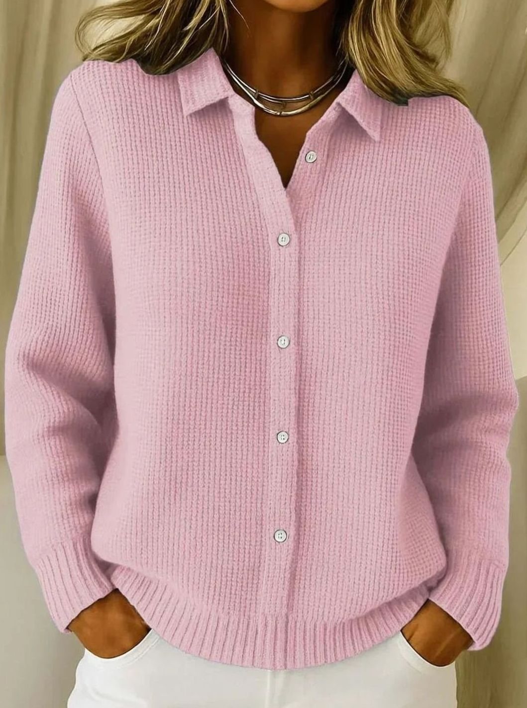 Women's Collared Button-Down Textured Knit Cardigan - Pink