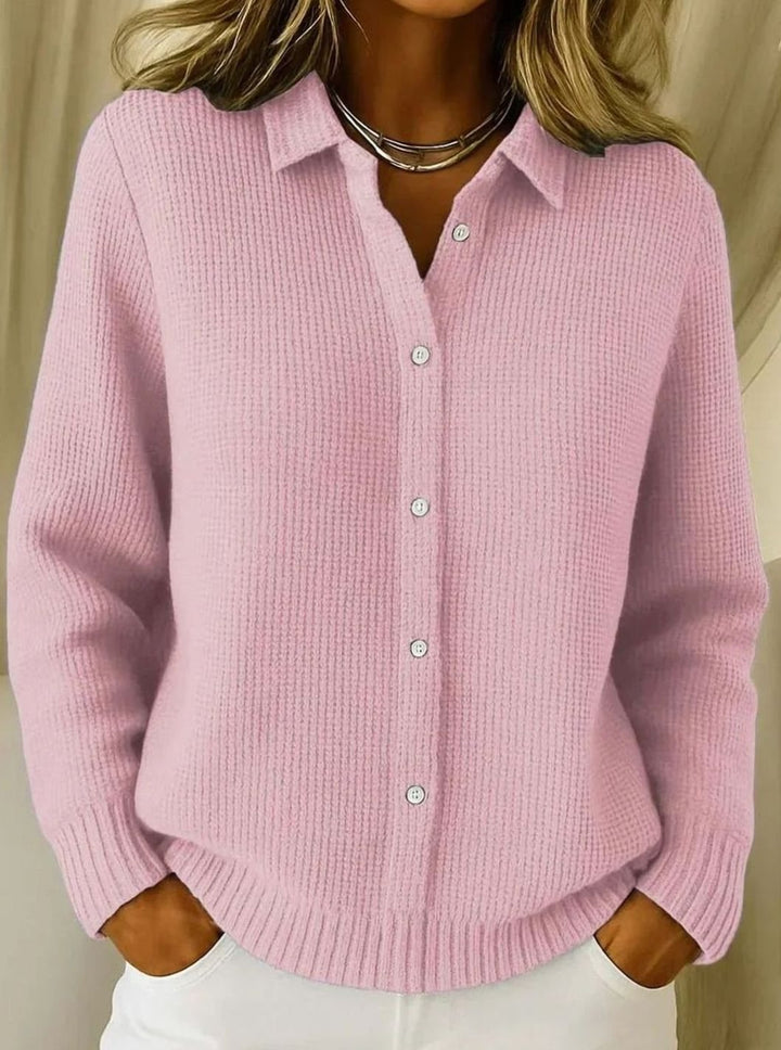 Women's Collared Button-Down Textured Knit Cardigan - Pink