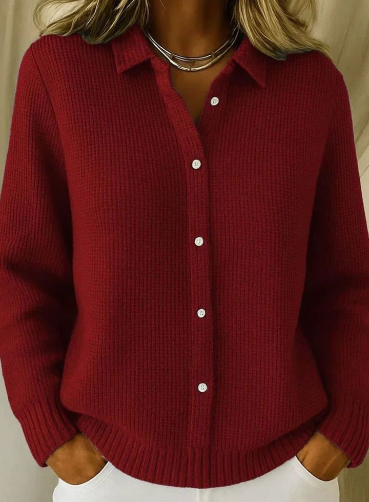 Women's Collared Button-Down Textured Knit Cardigan - Wine Red