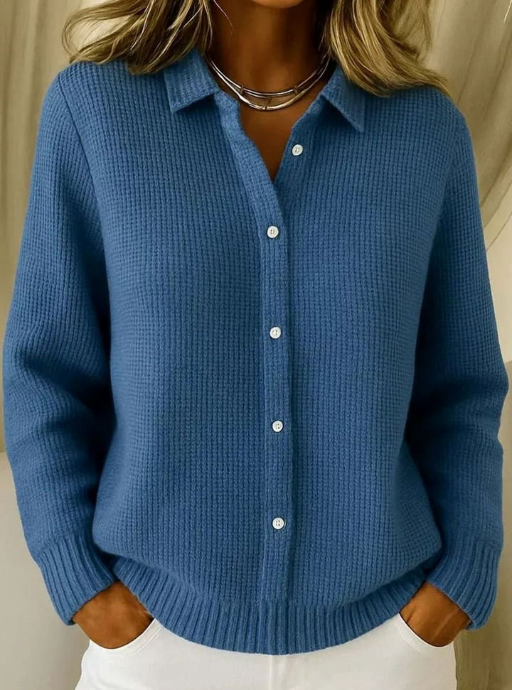 Women's Collared Button-Down Textured Knit Cardigan - Dark Blue
