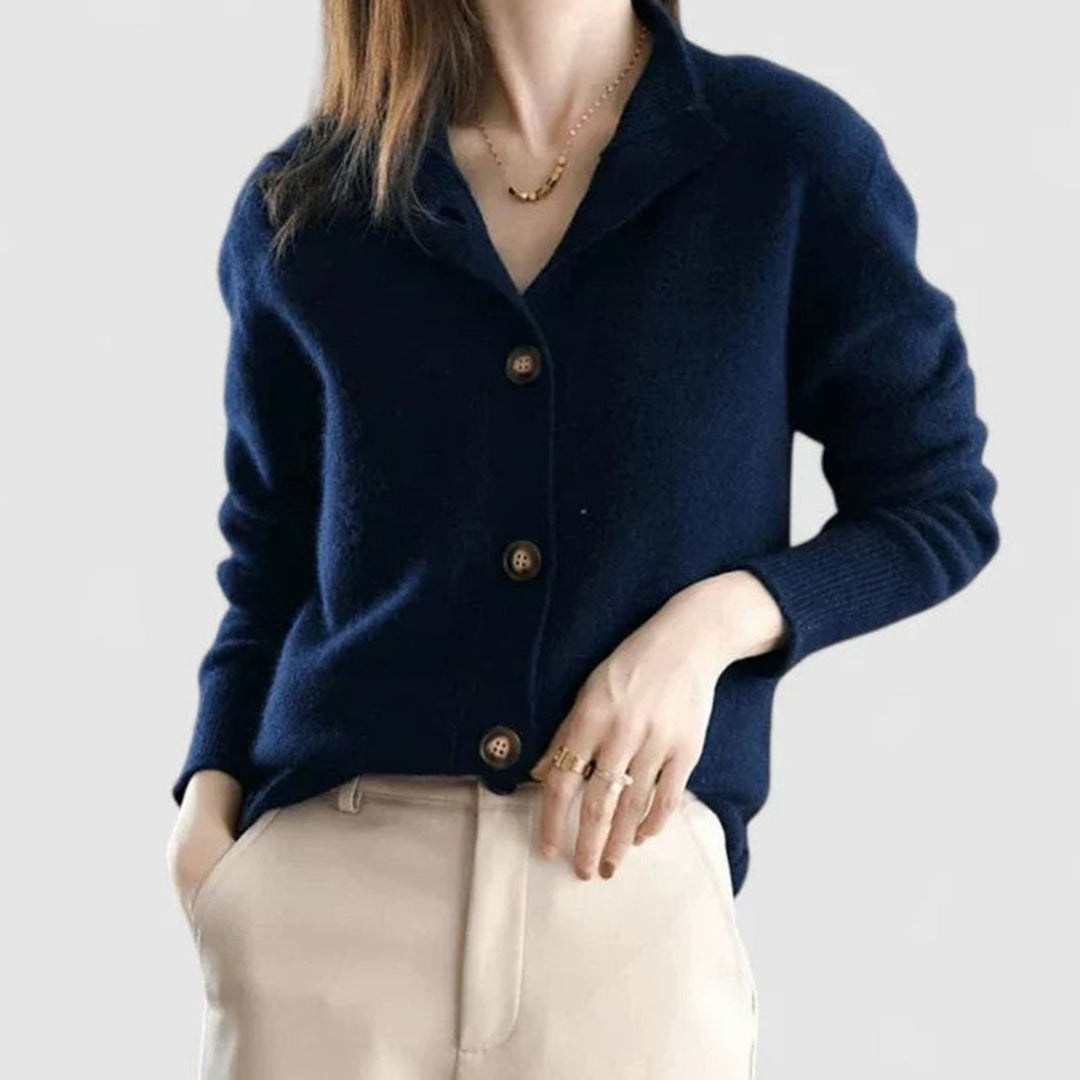 Women's Collared Button-Front Knit Cardigan - Dark Blue