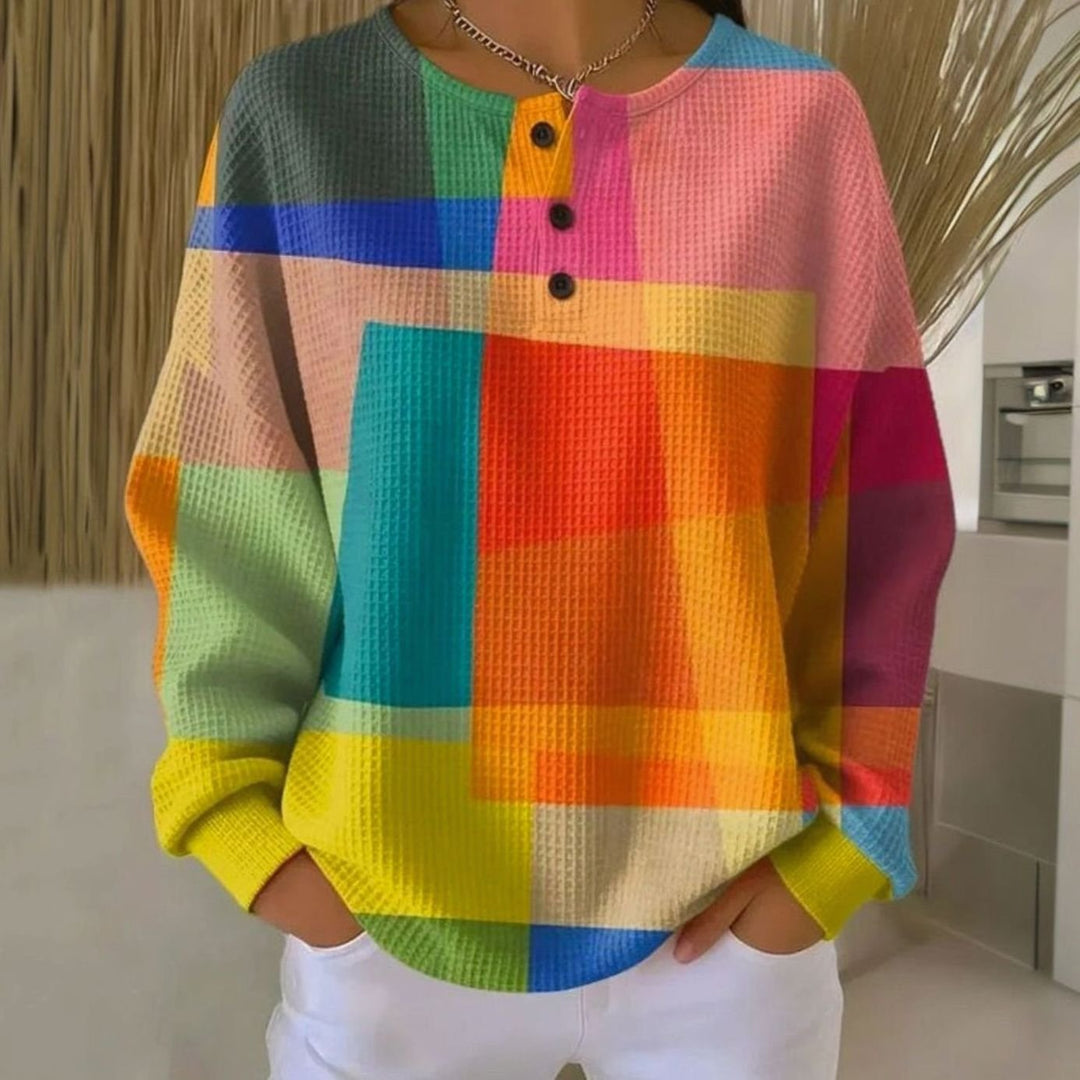 Women's Colorblock Waffle-Knit Long Sleeve Henley Top - Multicolour