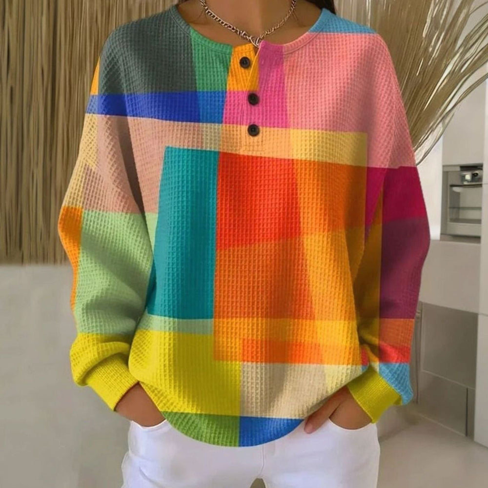 Women's Colorblock Waffle-Knit Long Sleeve Henley Top