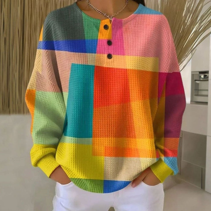 Women's Colorblock Waffle-Knit Long Sleeve Henley Top