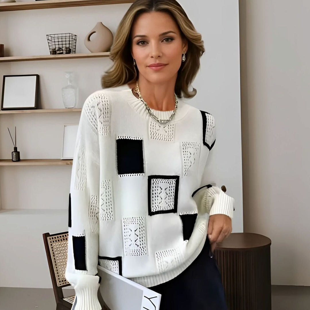 Women's Colour-Block Crochet-Detail Knitted Jumper - White