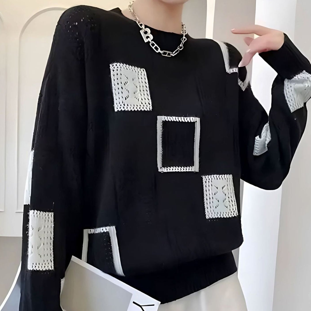 Women's Colour-Block Crochet-Detail Knitted Jumper - Black