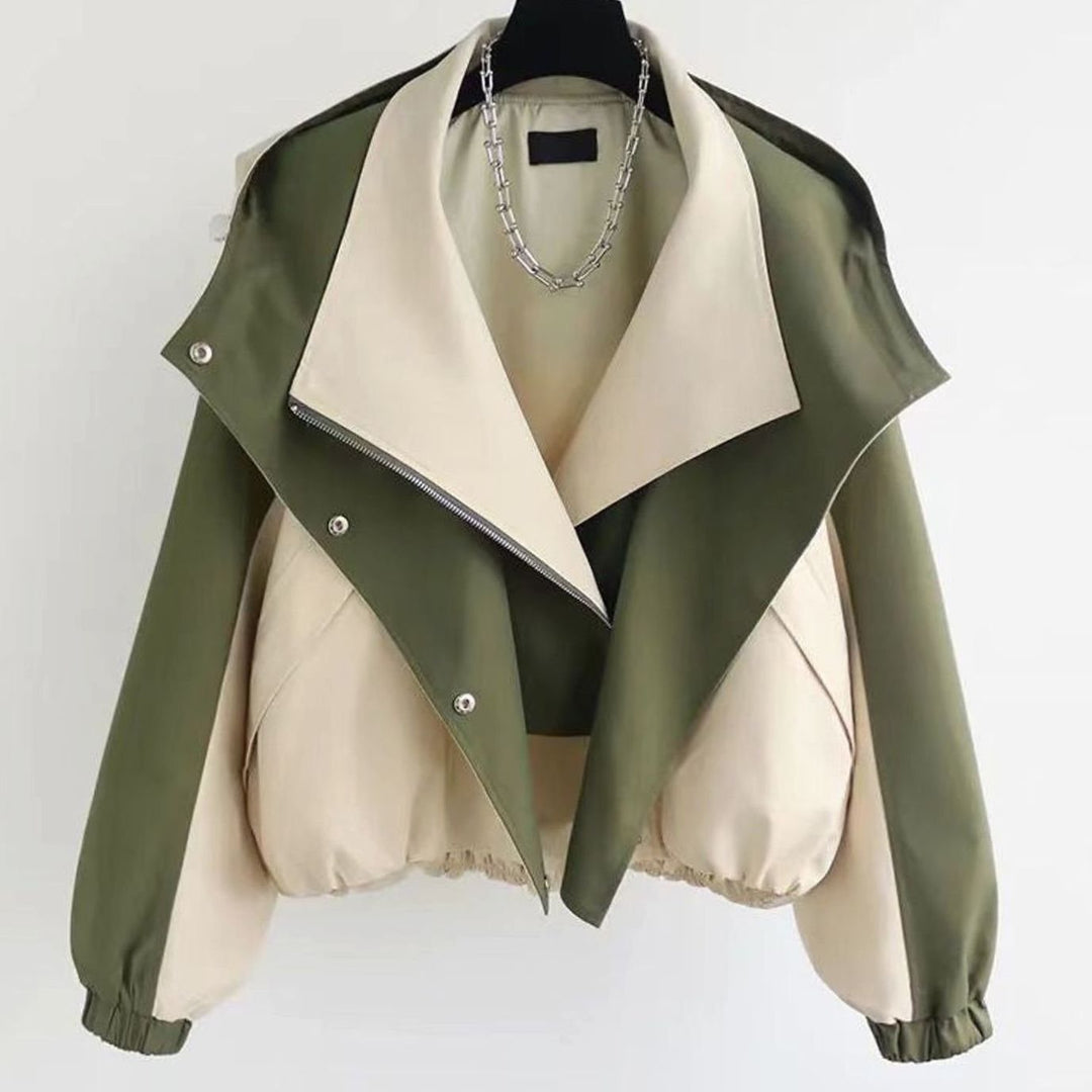 Women's Colour-Block Cropped Zip-Up Trench Coat, Olive Green - Apricot Double Layer
