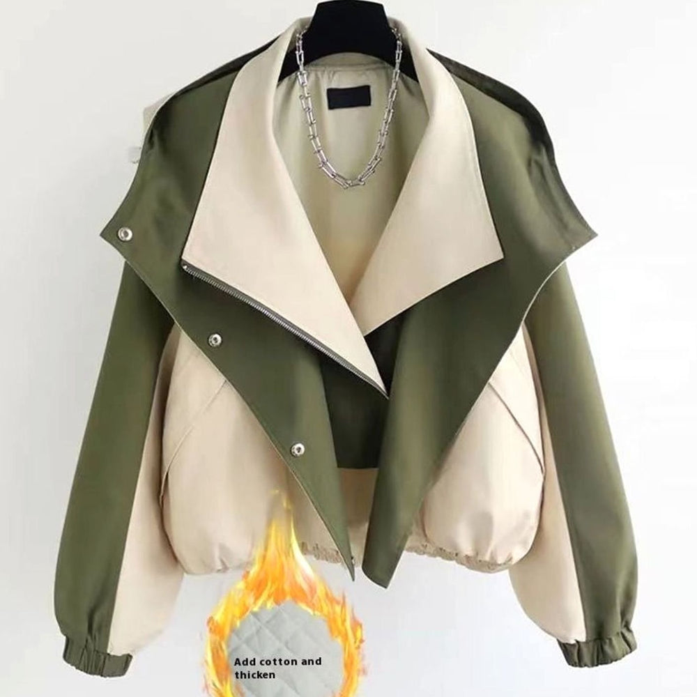 Women's Colour-Block Cropped Zip-Up Trench Coat, Olive Green - Beige Quilted