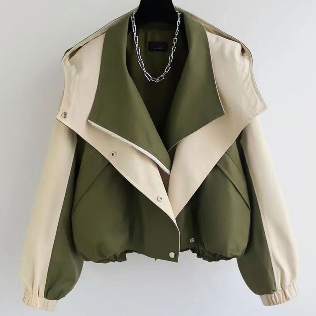 Women's Colour-Block Cropped Zip-Up Trench Coat, Olive Green - Green Double Layer