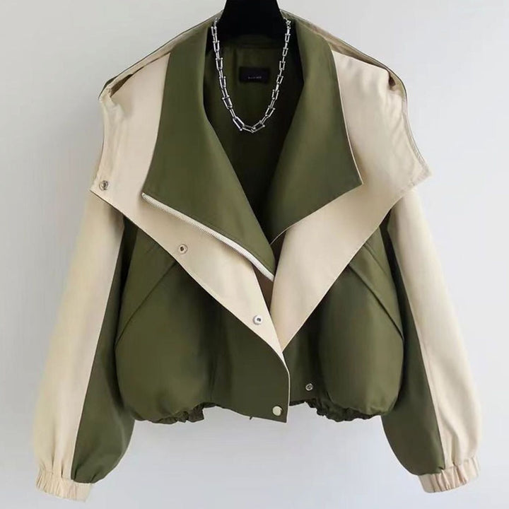 Women's Colour-Block Cropped Zip-Up Trench Coat, Olive Green - Green Double Layer
