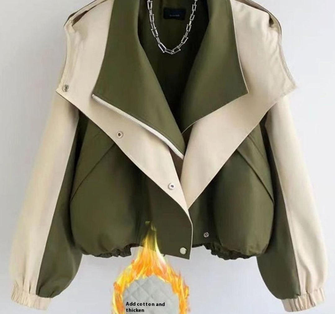 Women's Colour-Block Cropped Zip-Up Trench Coat, Olive Green - Green Quilted