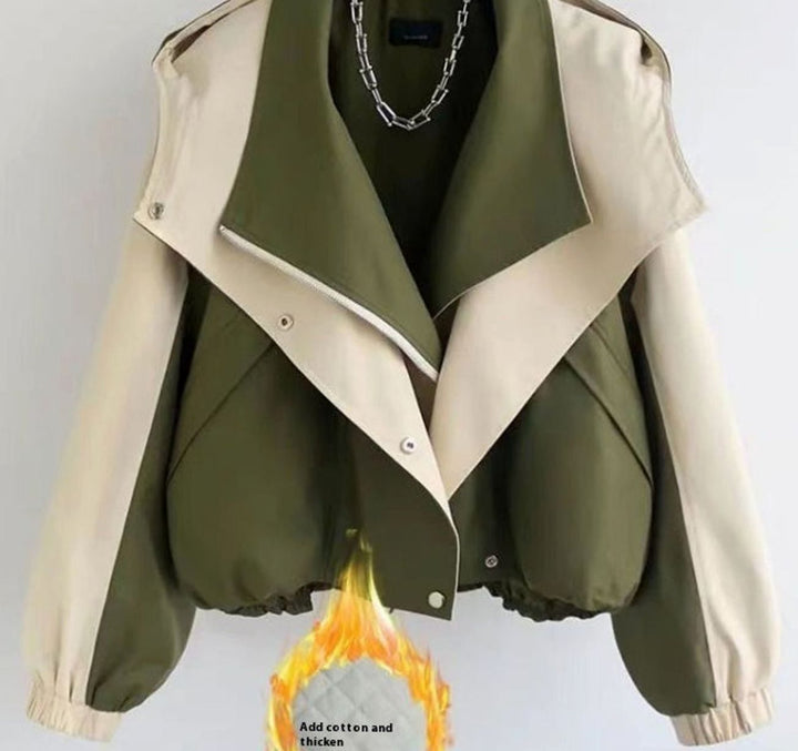 Women's Colour-Block Cropped Zip-Up Trench Coat, Olive Green - Green Quilted