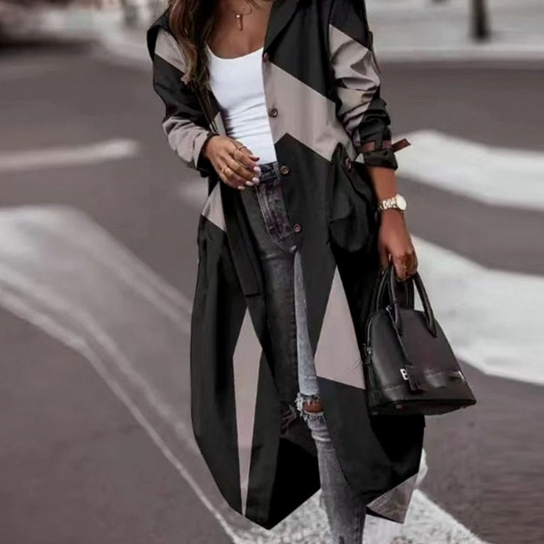 Women's Colour Block Hooded Long Trench Coat