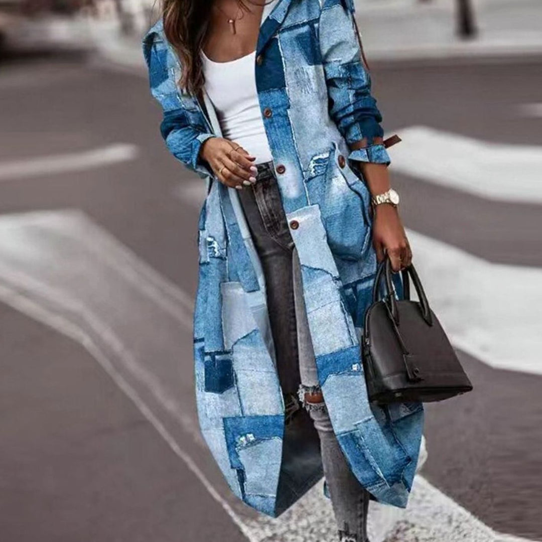 Women's Colour Block Hooded Long Trench Coat - Cow Blue