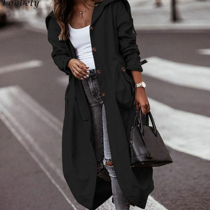 Women's Colour Block Hooded Long Trench Coat