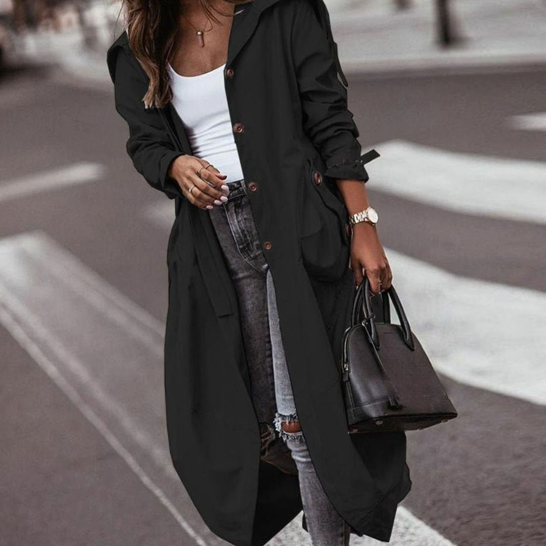 Women's Colour Block Hooded Long Trench Coat - Black