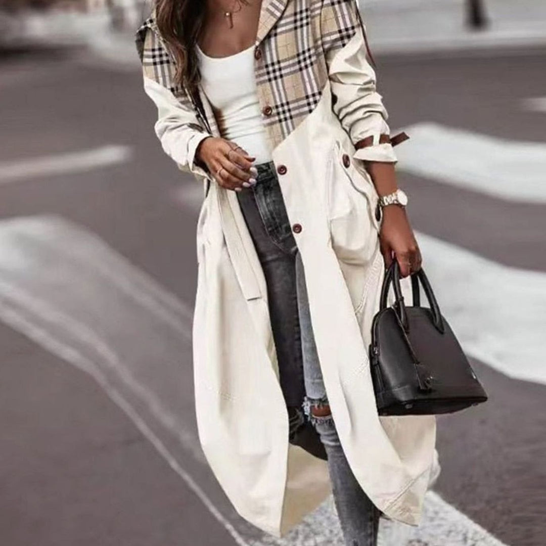 Women's Colour Block Hooded Long Trench Coat - White