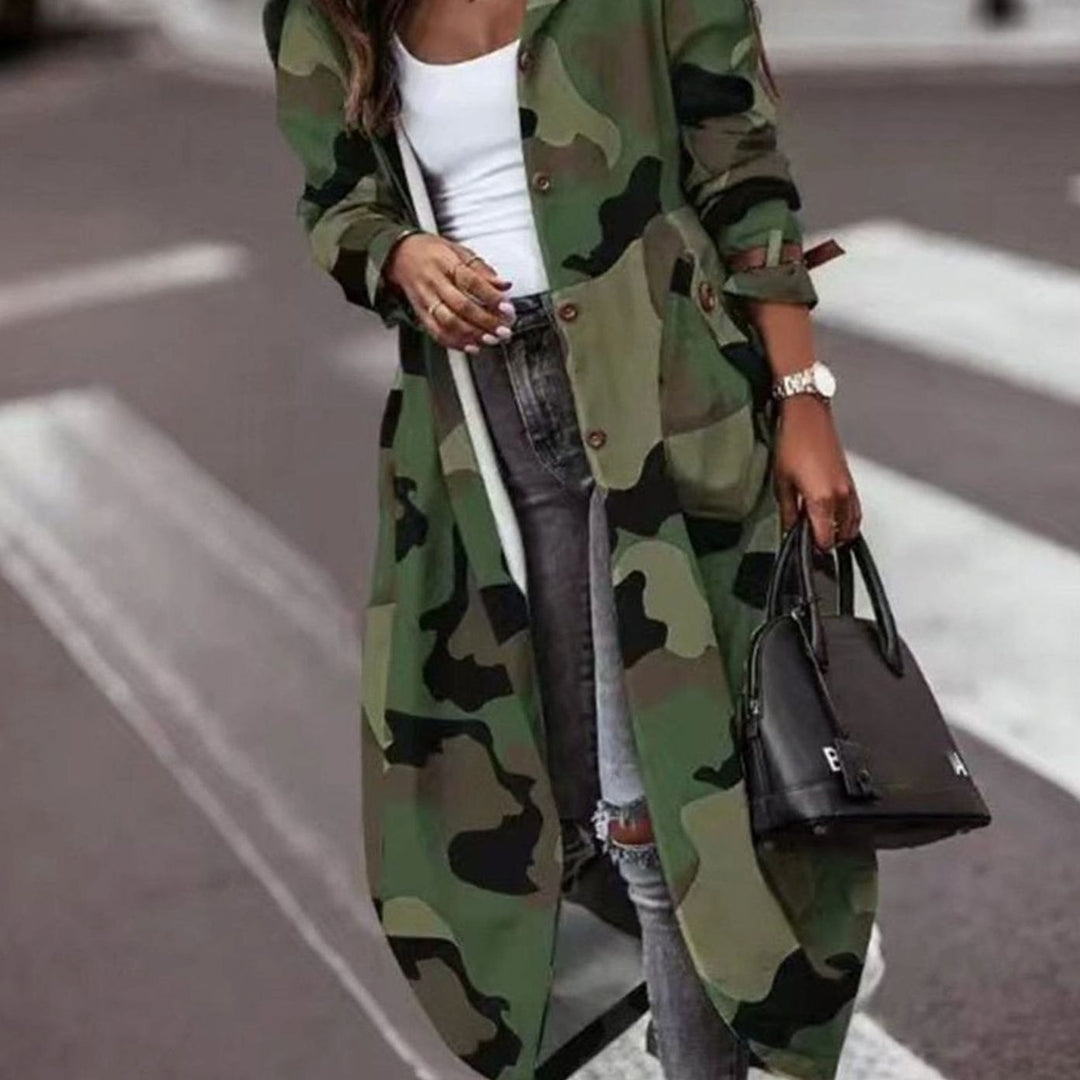 Women's Colour Block Hooded Long Trench Coat - Olive Green