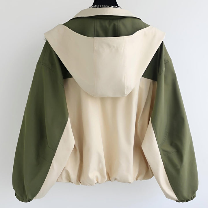 Women's Colour-Block Hooded Short Trench Coat, Cream and Olive Green