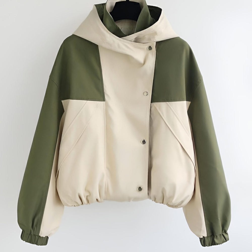 Women's Colour-Block Hooded Short Trench Coat, Cream and Olive Green