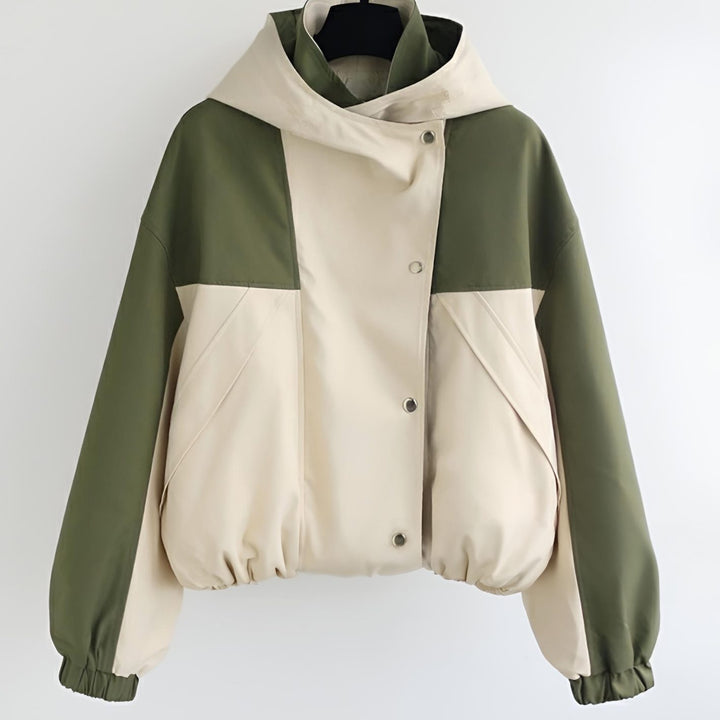 Women's Colour-Block Hooded Short Trench Coat, Cream and Olive Green