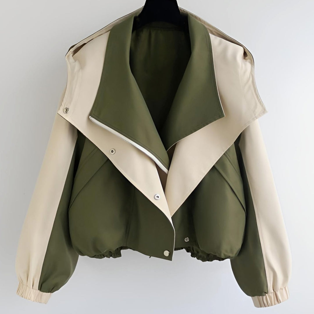 Women's Colour-Block Hooded Short Trench Coat, Cream and Olive Green - Ivy Green
