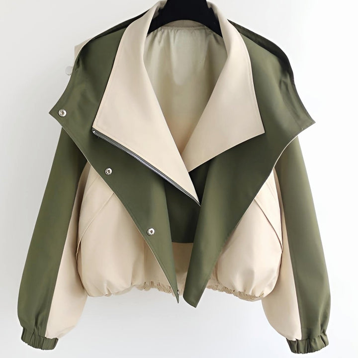 Women's Colour-Block Hooded Short Trench Coat, Cream and Olive Green - Ivory Beige