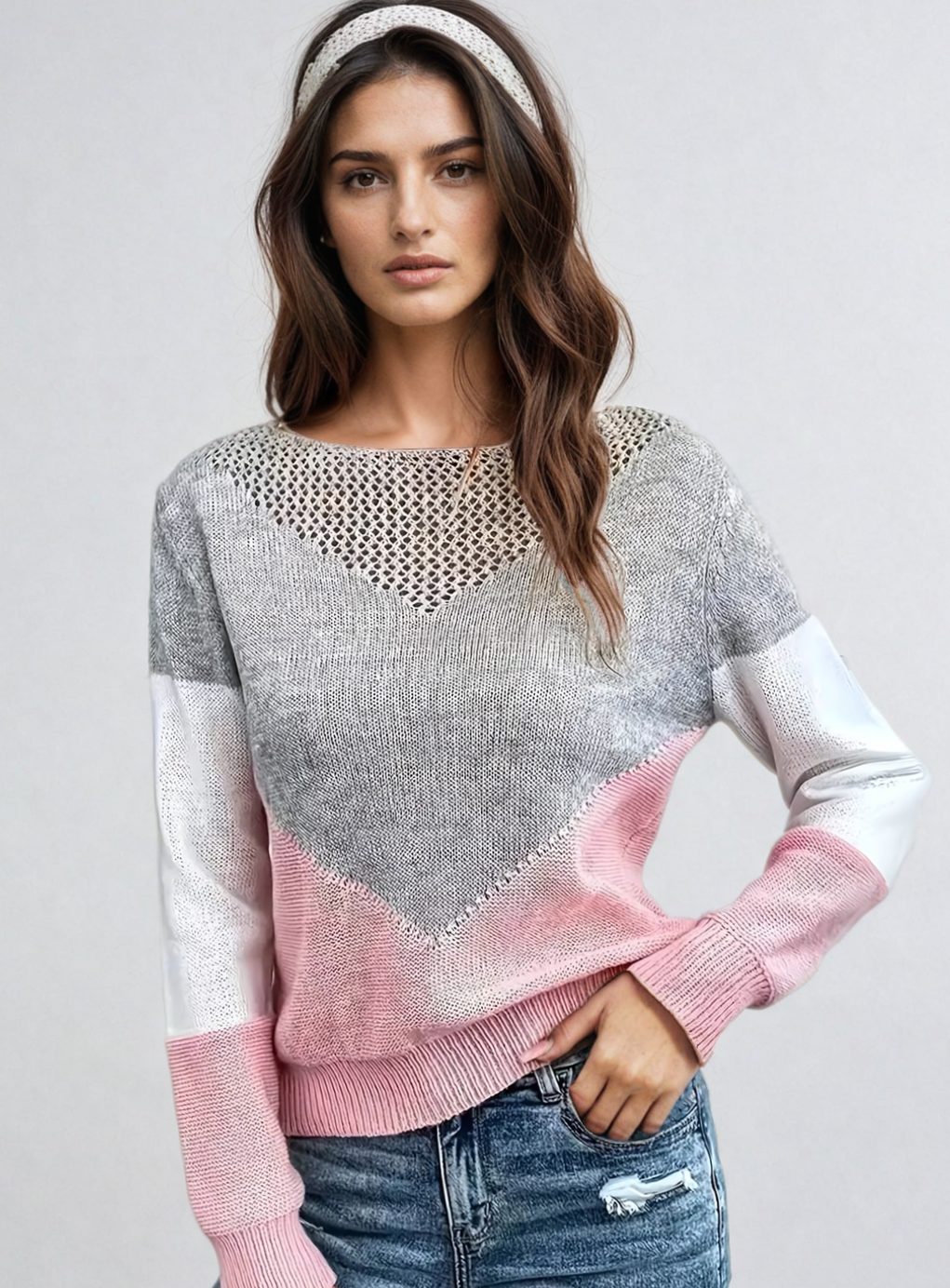 Women's Colour Block Open-Knit Jumper Regular Fit