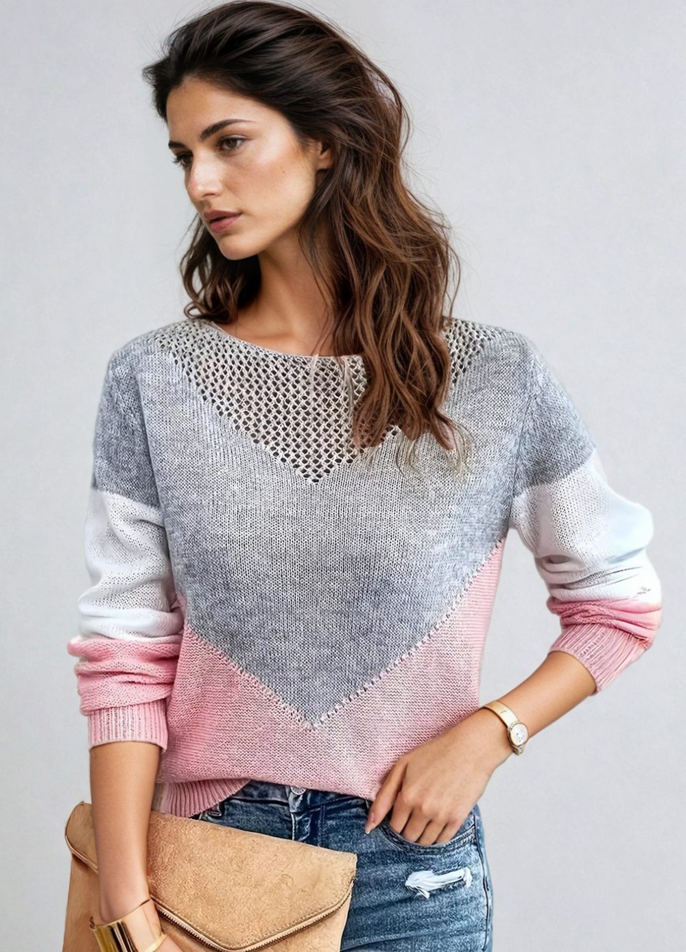 Women's Colour Block Open-Knit Jumper Regular Fit, Grey, Pink, White