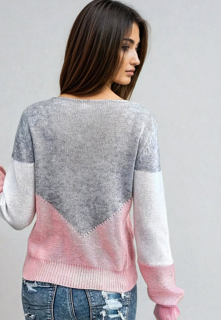 Women's Colour Block Open-Knit Jumper Regular Fit, Grey, Pink, White