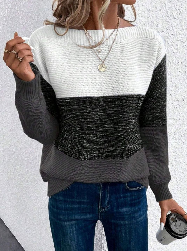 Women's Colour Block Relaxed-Fit Crew-Neck Knitted Jumper - Black