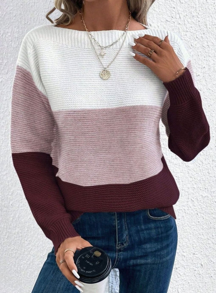 Women's Colour Block Relaxed-Fit Crew-Neck Knitted Jumper - Burgundy