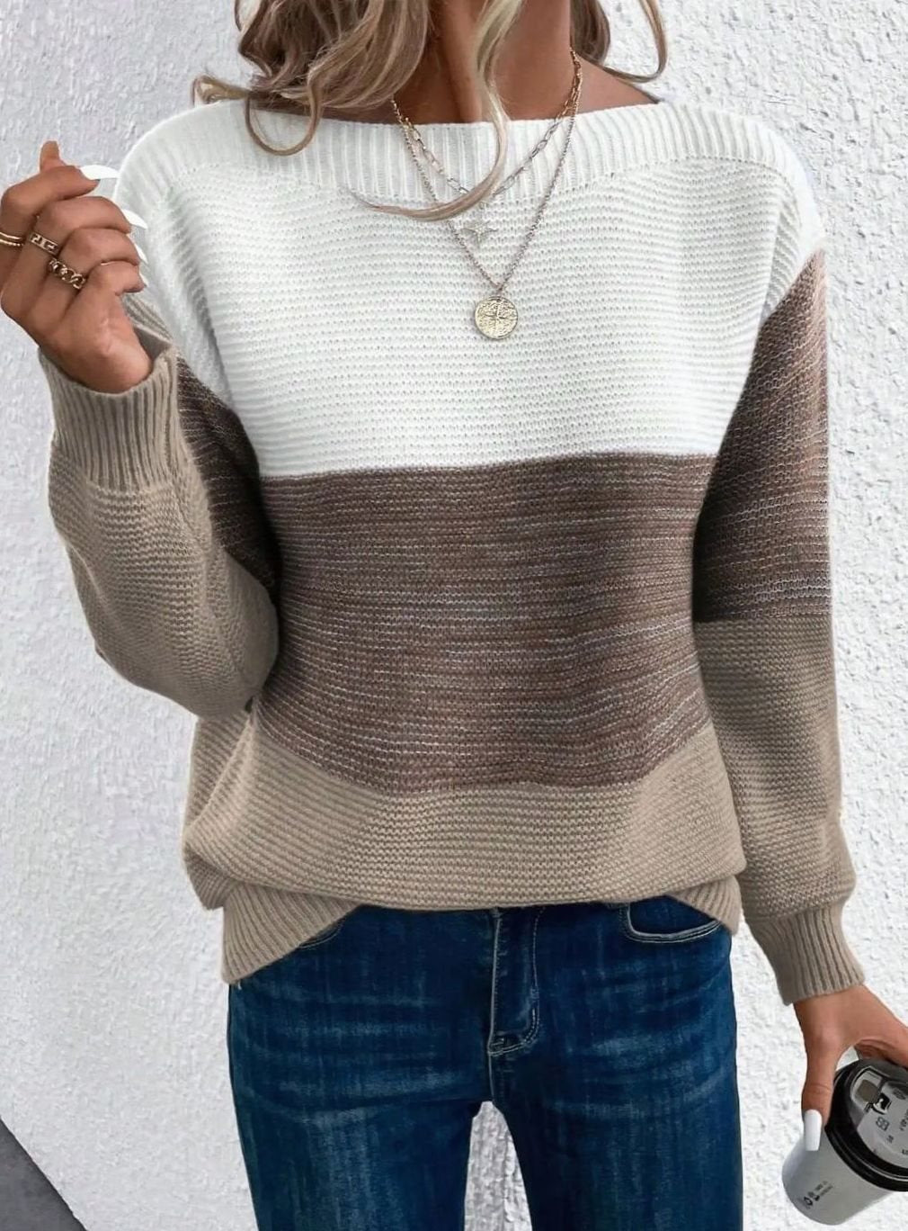 Women's Colour Block Relaxed-Fit Knitted Jumper - Brown