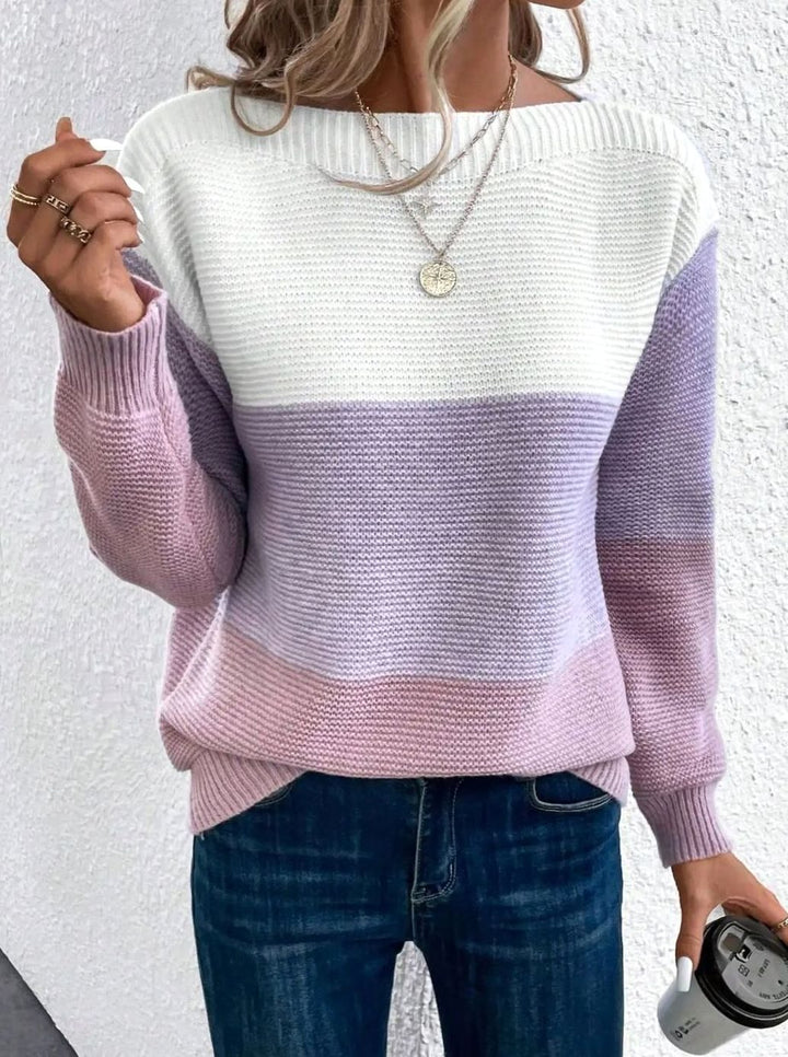 Women's Colour Block Relaxed-Fit Knitted Jumper - Purple