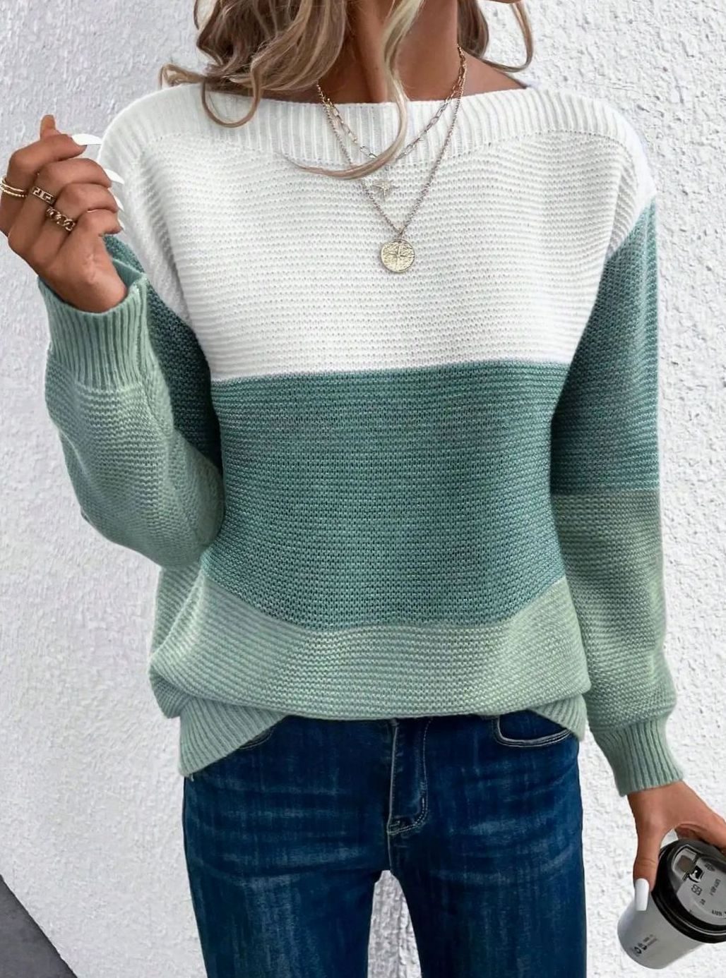 Women's Colour Block Relaxed-Fit Knitted Jumper - Green