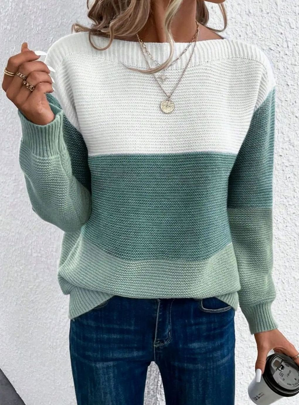 Women's Colour Block Relaxed-Fit Round-Neck Knitted Jumper - Green