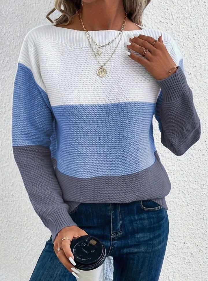 Women's Colour Block Relaxed-Fit Round-Neck Knitted Jumper - Blue