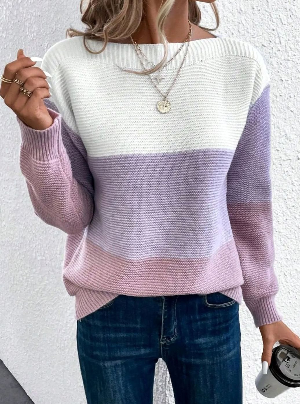 Women's Colour Block Relaxed-Fit Round-Neck Knitted Jumper - Purple