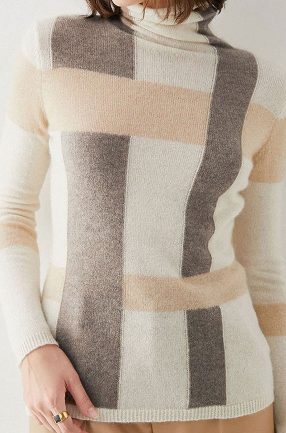 Women's Colour Block Turtleneck Jumper Long Sleeve Knit Top - White